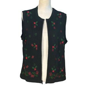 Bechamel Ugly Christmas Sweater Vest Size Large Black Holly Red Zip Sleeveless